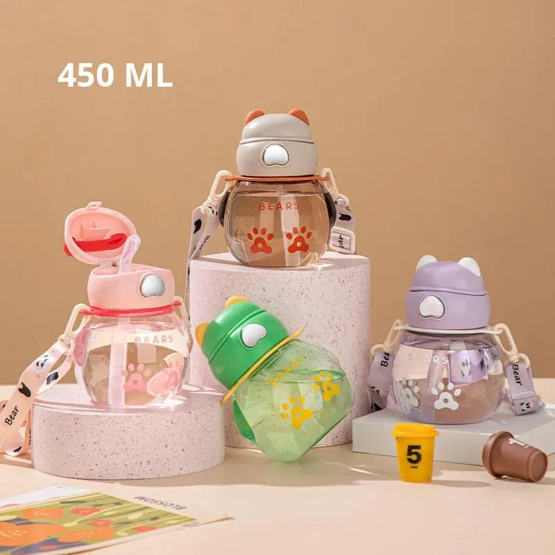 

Kids Water Bottle 450ml Bear Shape Leak Proof Cute Animal Straw Cup with Silicone Handle for Toddler Children School