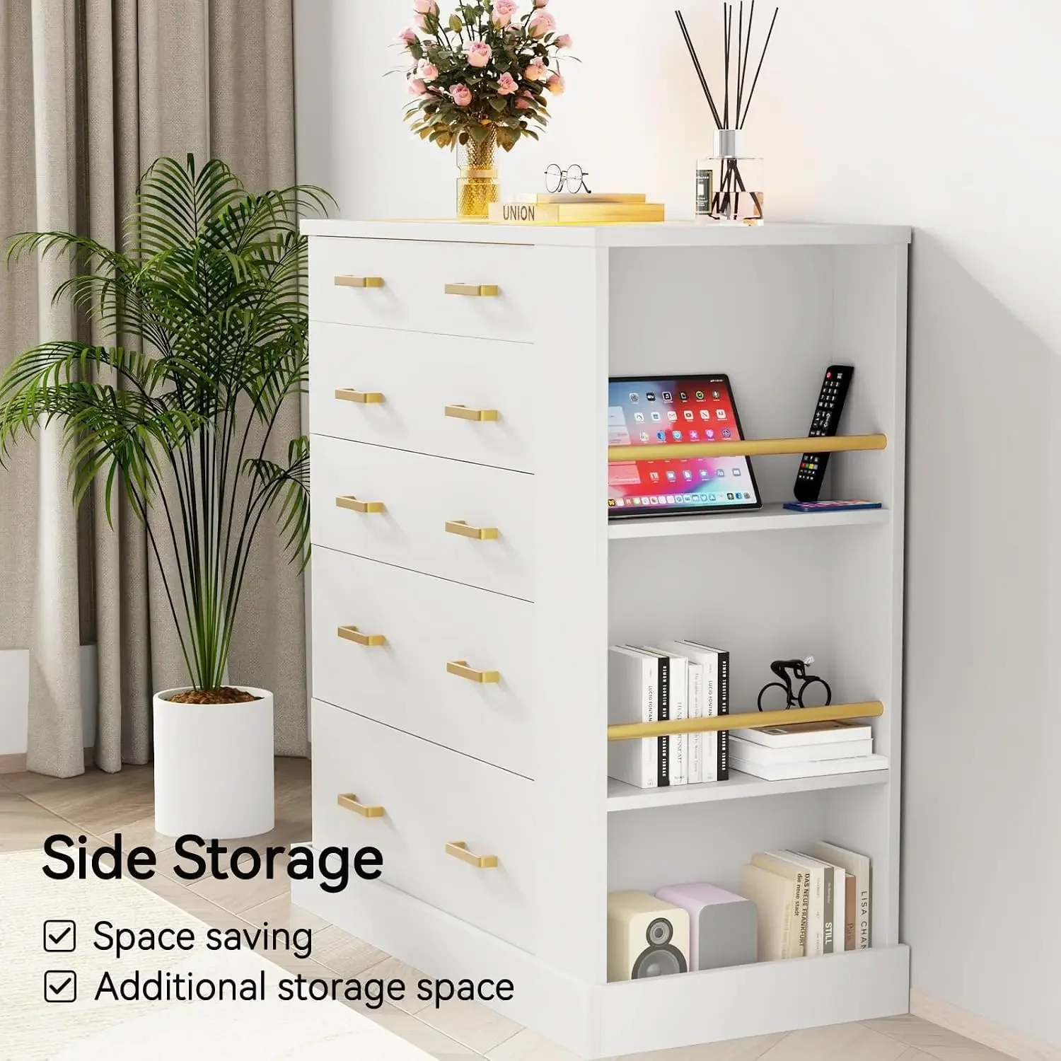 Closet Island with Open Shelves, Modern Glass Top Dresser with LED Lights, Tall Chest of Drawers with Jewelry Organizer for Bedr view 5