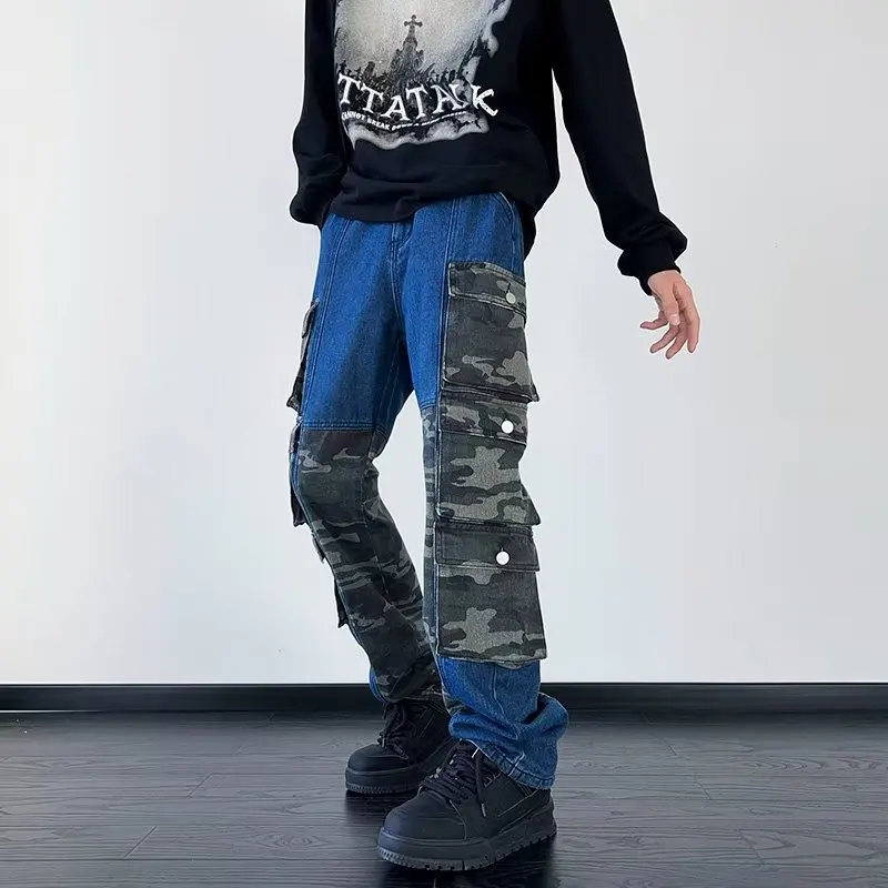 

Y2K Techwear Streetwear Camouflage Patchwork Baggy Jeans Cargo Pants Mens Clothing Straight Women Denim Trousers Pantalon Homme