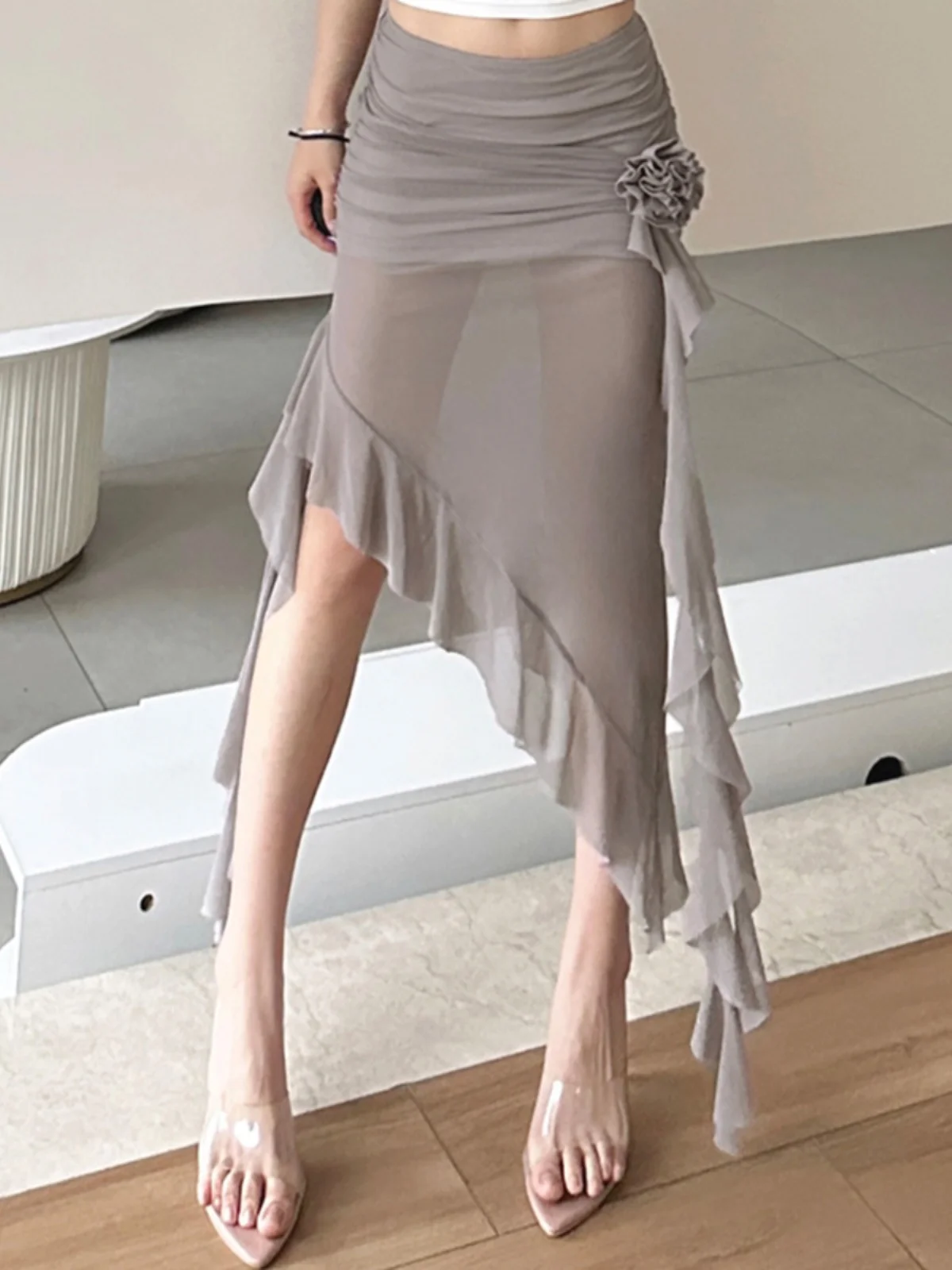 

SylCue Vintage Sle 3D Flower Lace Hem Slimming f Skirt Women's Summer Slim Asymmetrical ort Skirt Street Sle High Waist