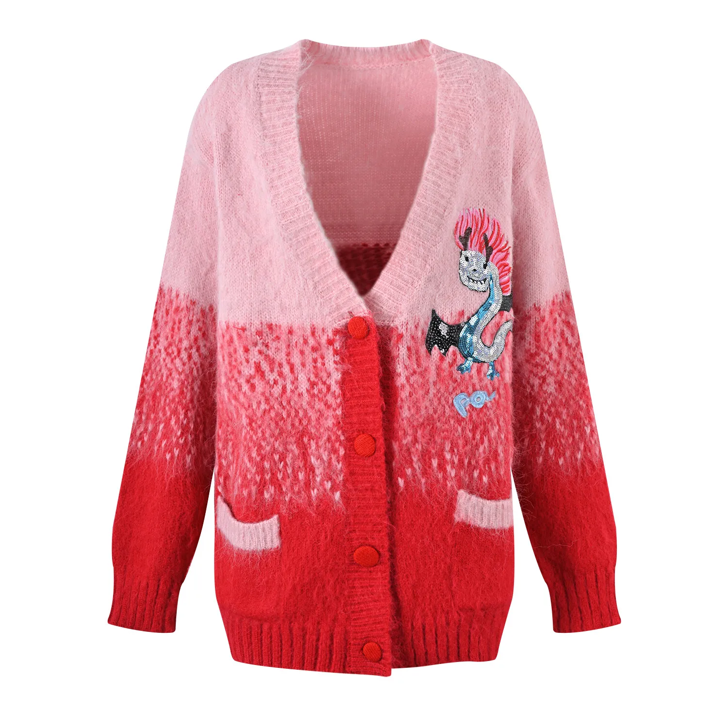 

Высококачественный европейский сладкий розовый вязаный свитер с драконом, свободный повседневный ленивый открытый кардиган, женский модный весенний длинный...