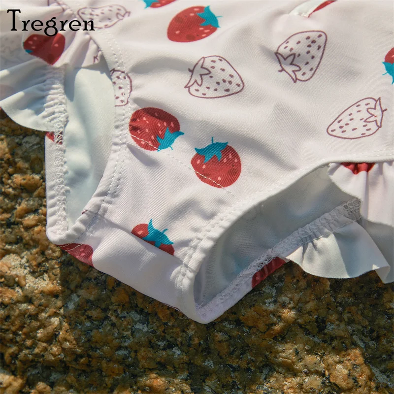 Tregren Toddler Baby Girl Swimsuit Strawberry Print Zipper Jumpsuit Swimwear With Headband Infant Bathing Suit Summer Beachwear