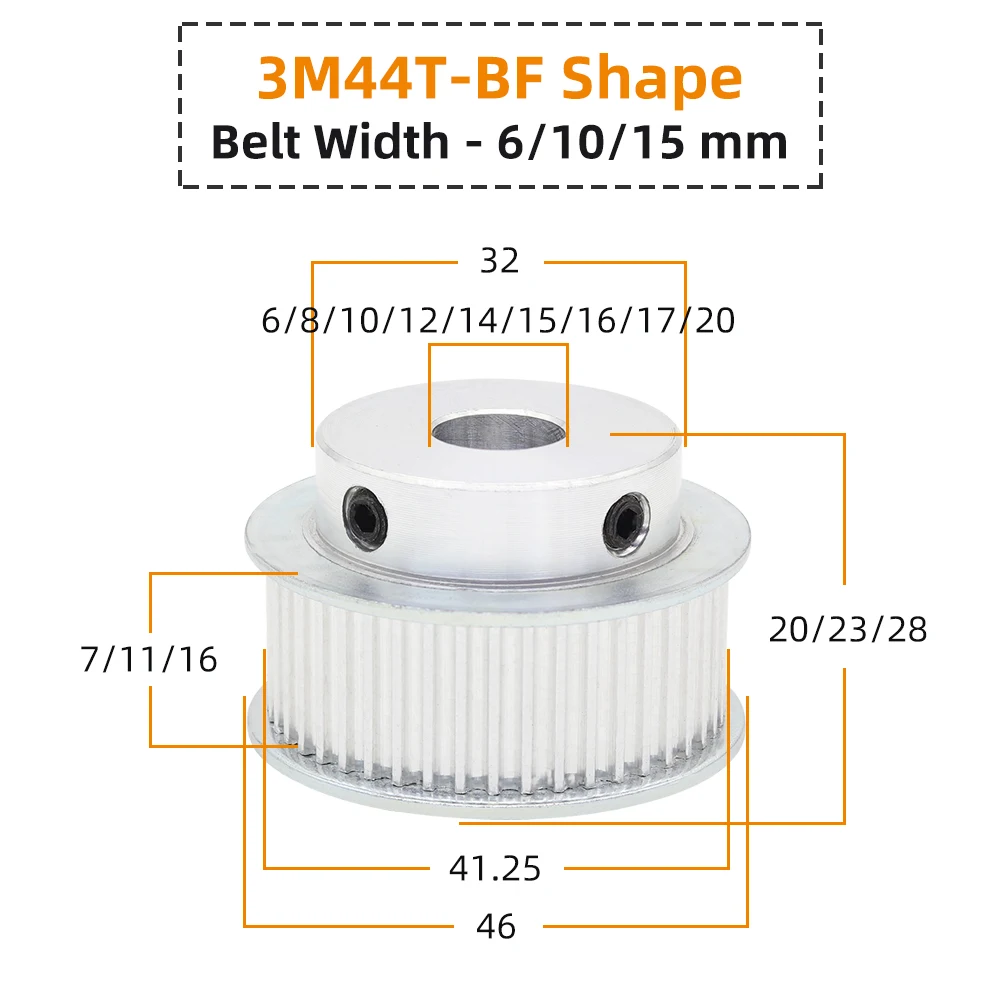 44 Teeth 3M Synchronous Pulley Bore 5/6/6.35/8/10/12mm for Width 6/1015mm HTD 3M Timing belt HTD3M pulley gear 44Teeth 44T