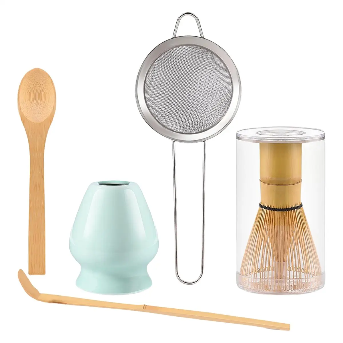 ABNH Matcha Tea Set 5 Pcs Matcha Kit with Bamboo Whisk, Ceramic Holder, Bamboo Scoop, Wooden Spoon , Sifter