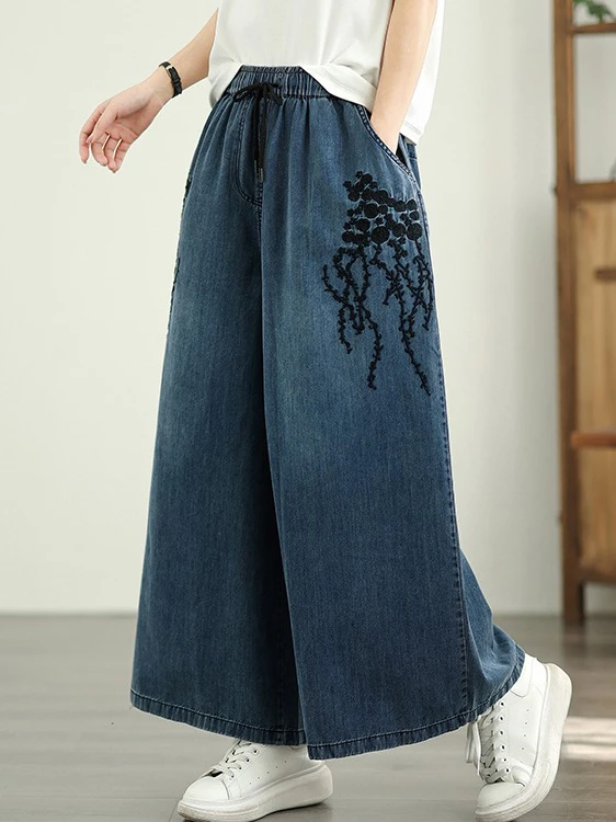 Calça jeans waed bordada pesada, cintura alta, ajuste solto, calças casuais, mistura de algodão e poliéster, verão, moda para mulheres plus size