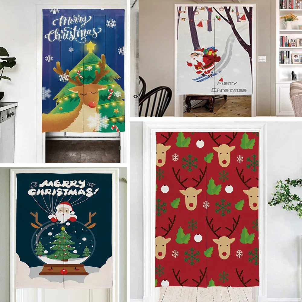 Japanese Split Doorway Curtain Christmas Print Door Curtain for Protect Privacy Funny Snowman Xmas Tree Kitchen Partition Decor