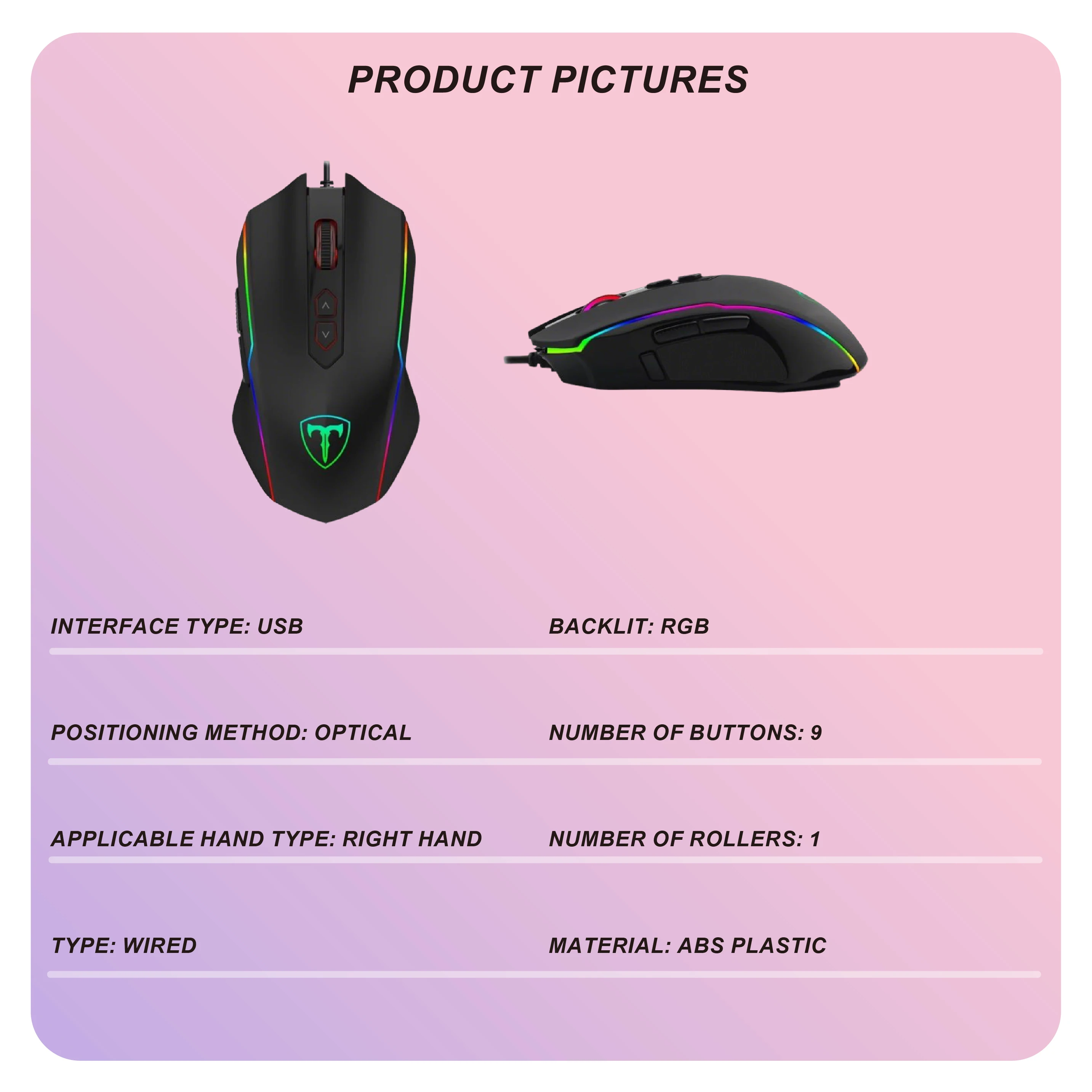 High Quality Ergonomic Wired Gaming Mouse Optical RGB with USB Connection Right Hand Orientation for Desktop and Laptop