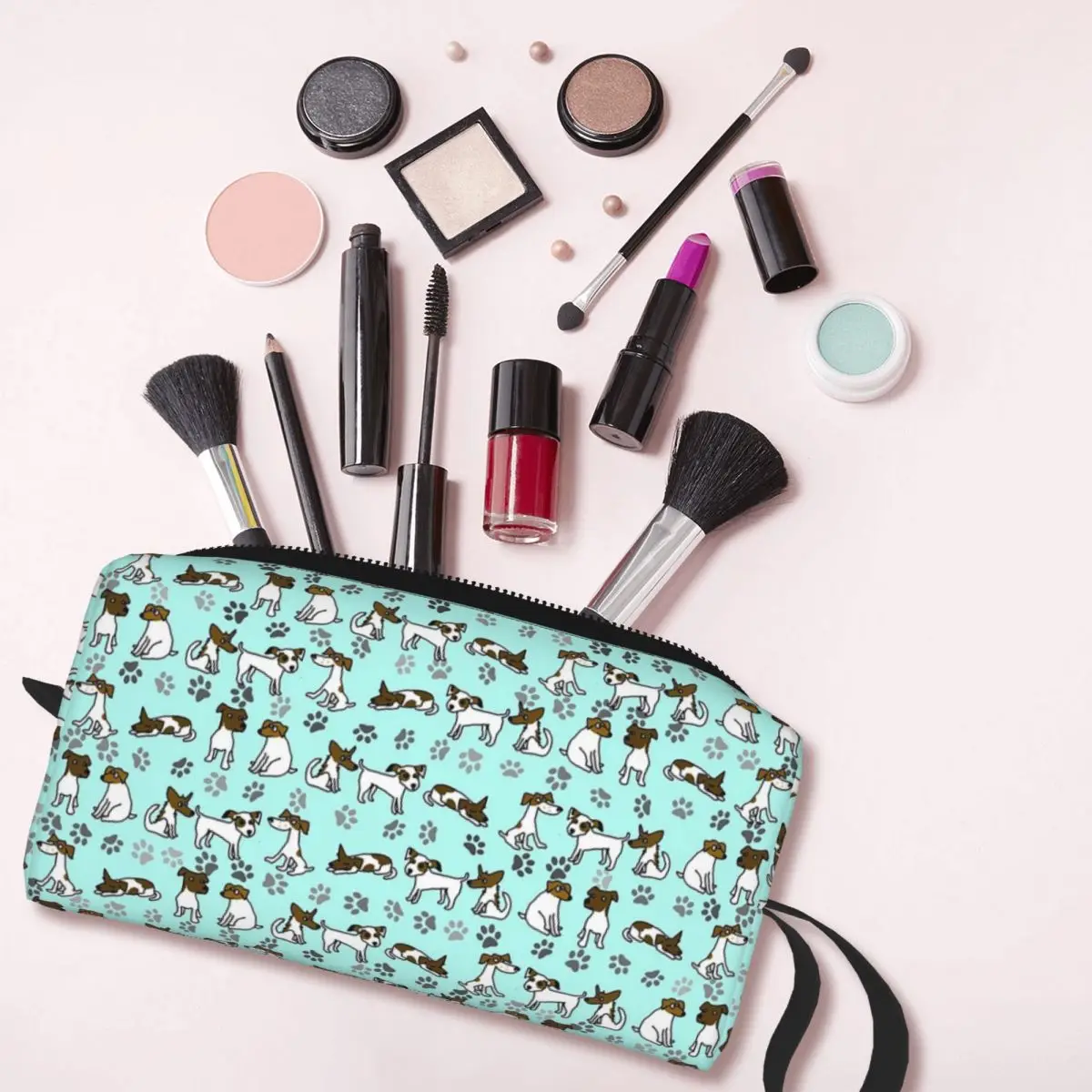 Jack Russell Terrier Cartoon With Light Blue Background Makeup Bag Cosmetic Organizer Storage Dopp Kit for Women Beauty Travel