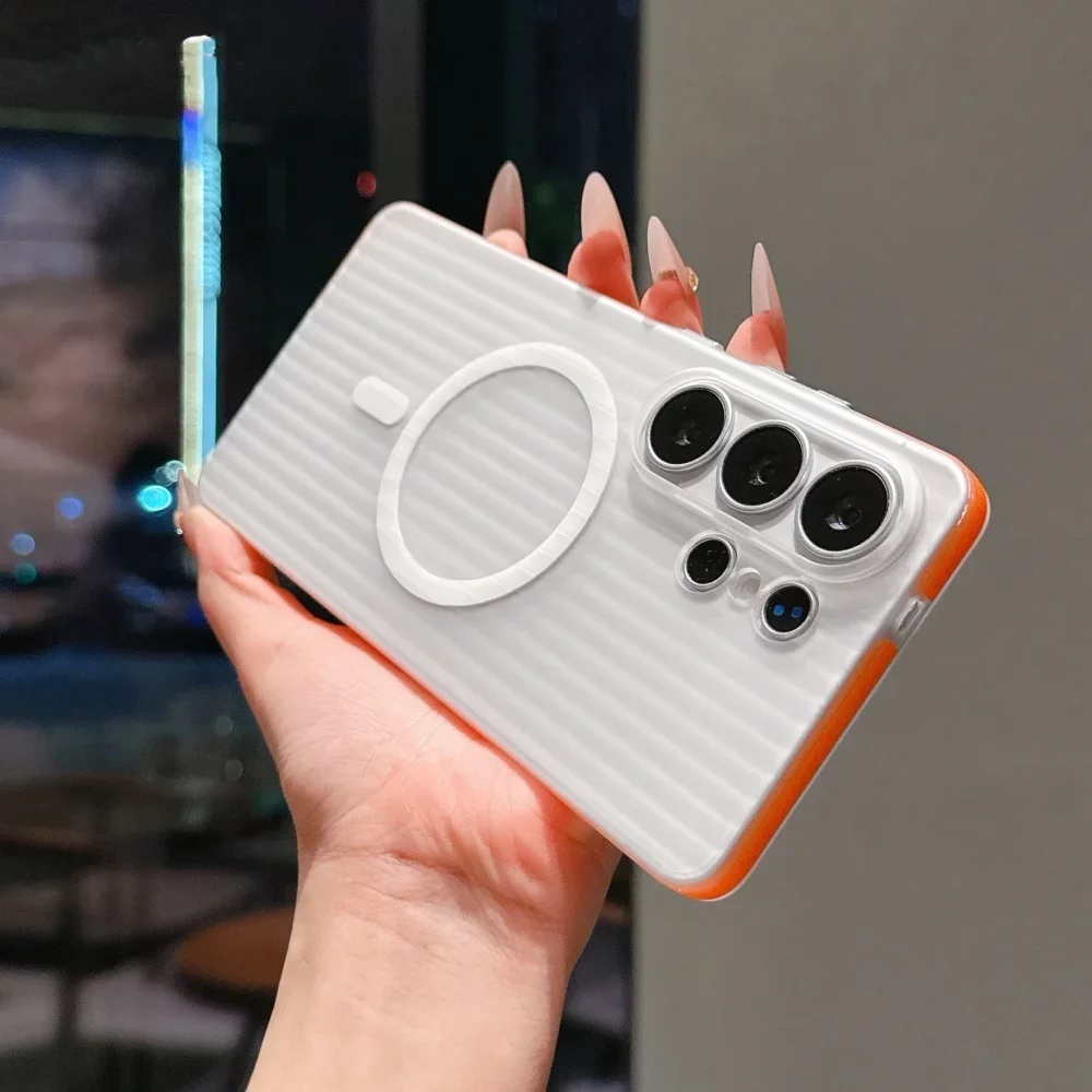 

3D Stripes Transparent Magnetic Phone Case for Samsung Galaxy S26 S25 S24 Ultra Plus Wireless Charge Ultra Slim Shockproof Cover