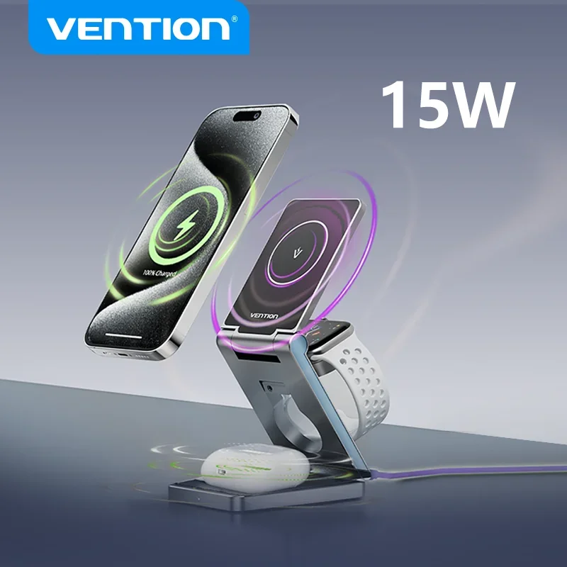 

Vention 3 in1 15W Magnetic Wireless Charger Stand For Phone iPhone 16 15 14 Pro Airpods Apple Watch Fast Charging Station Holder