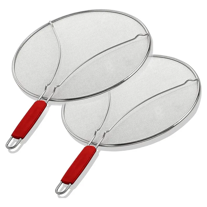 

RMWIN-Universal 13" Splatter Guard RED Handle For Frying Pan Strainer And Cookware- Stops Hot Oil Splash 2-Pack Screen