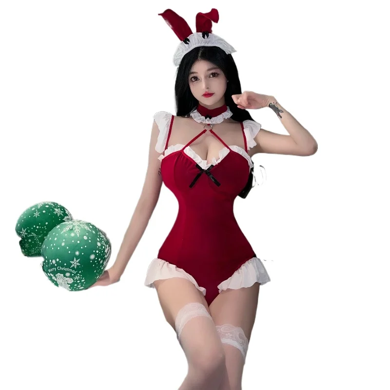 Lencería Sexy para mujer, Cosplay de sirvienta de conejo, ropa de dormir Sexy, combinación de lencería de encaje con empalme, conjuntos de ropa interior erótica Porno de Navidad