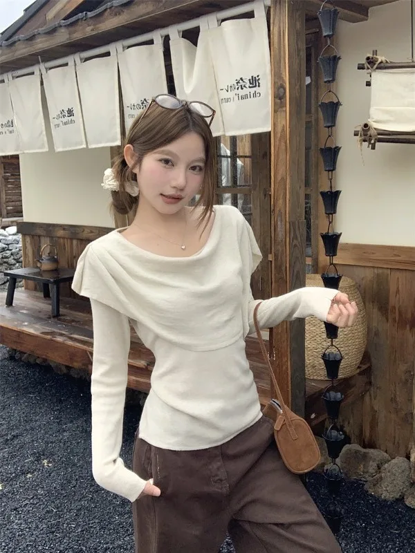 

Корейский вязаный свитер с длинными рукавами для женщин, осенний новый повседневный облегающий топ и накидка на плечи, комплект из двух предметов, модный