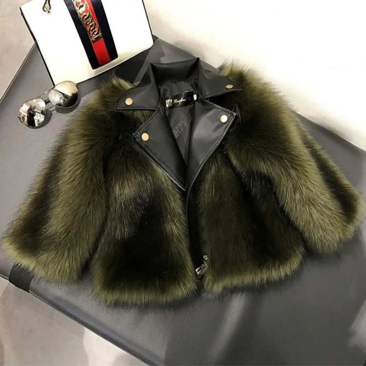 Autumn Winter Children Clothing Fashion Cool Girls Fur Coat Imitation Fox Fur Jacket Thick Motorcycle Coat Short Overcoat 1-10Y