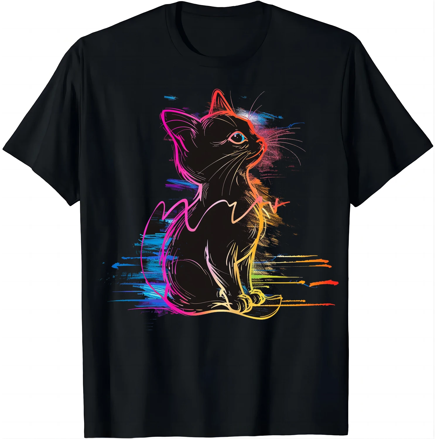 Enchanting Black Cat Tee in Rainbow Hues T-shirts Unisex Summer Soft Tops Graphic T Shirts  Kawaii Clothes Tops Ropa Mujer