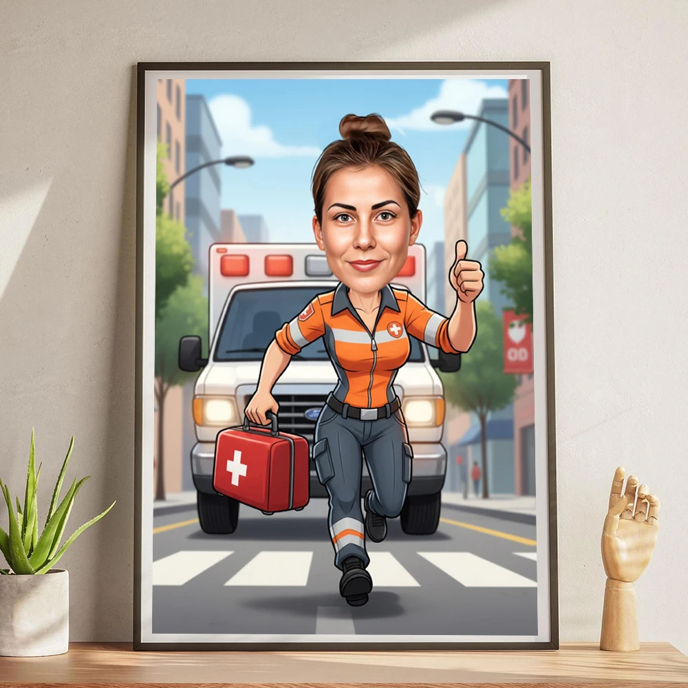 Custom Paramedic Caricature Prints EMT and Medic Cartoon Portrait from Photo Poster Personalized Ambulance Gift Nurse Art Gifts