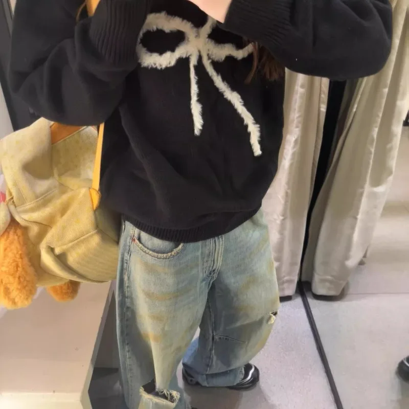 Pulls vintage pour femmes avec nœud, tricots d'automne, pulls assortis, classique, doux, mode coréenne, Ulzzang, populaire