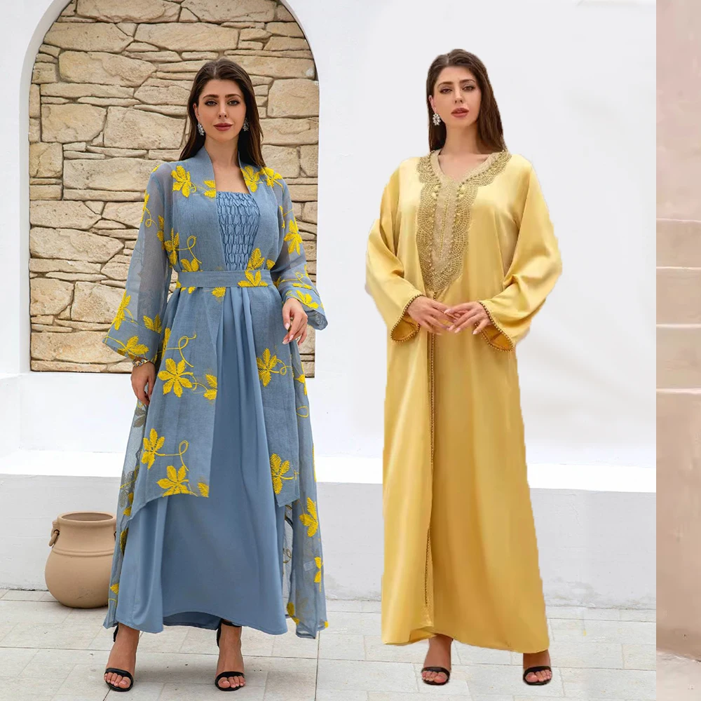 

Middle Eastern women's mesh Muslim dress two-piece sling-style Dubai robe V-neck beaded long-sleeved dress