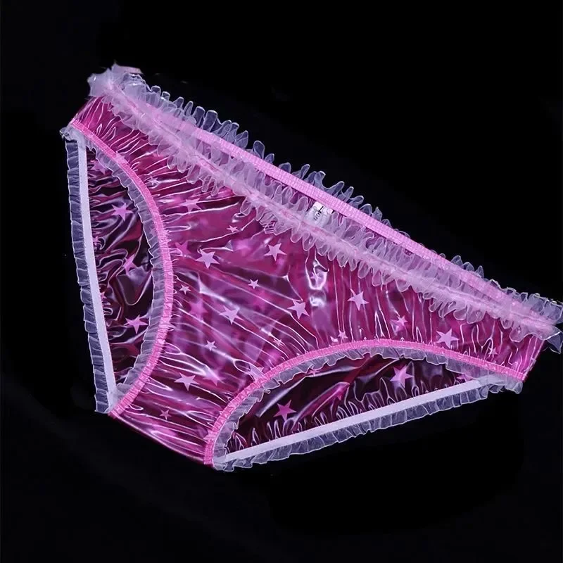 Seksowne koronkowe niskiej talii przezroczyste plastikowe kalesony z PVC biustonosz miękkie gładkie wodoodporne majtki ABDL para bielizna prywatna impreza