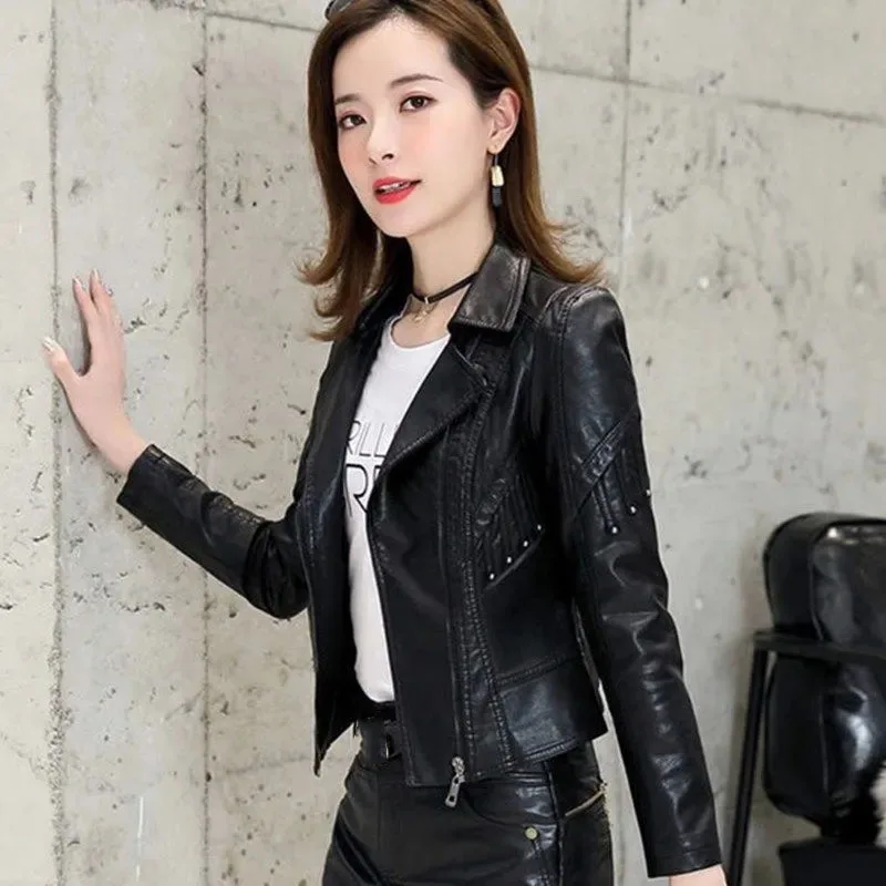 

Spring Fashion Short PU Leather Jacket Women's Korean Slim Zipper Jacket Large Size Motorcycle Black Faux Leather Coat JJ395