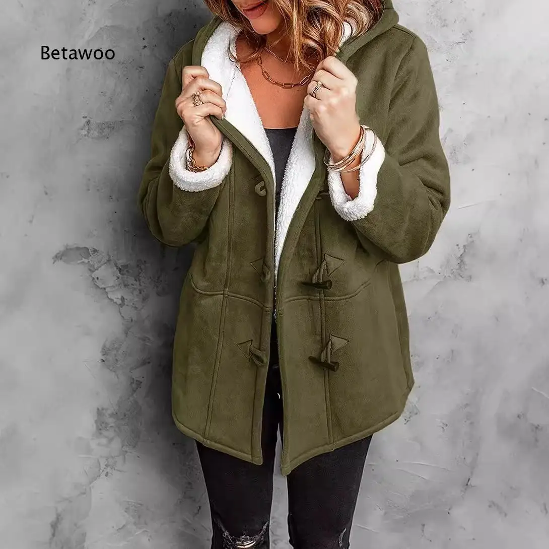 Women Cold Weather Hooded Outer Jacket Fleece Lined Toggle Buttons Long Sleeve Side Pockets Relaxed Fit Winter Overcoat