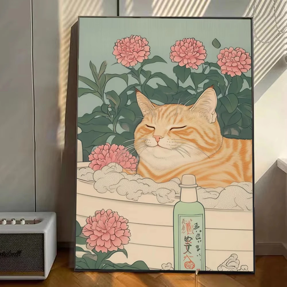 Chinese Tabby Cat In Bathtub Poster Stickers Art Wall Murals  Game Room  Gifts Kawaii HD Painting Cat Cars view 3