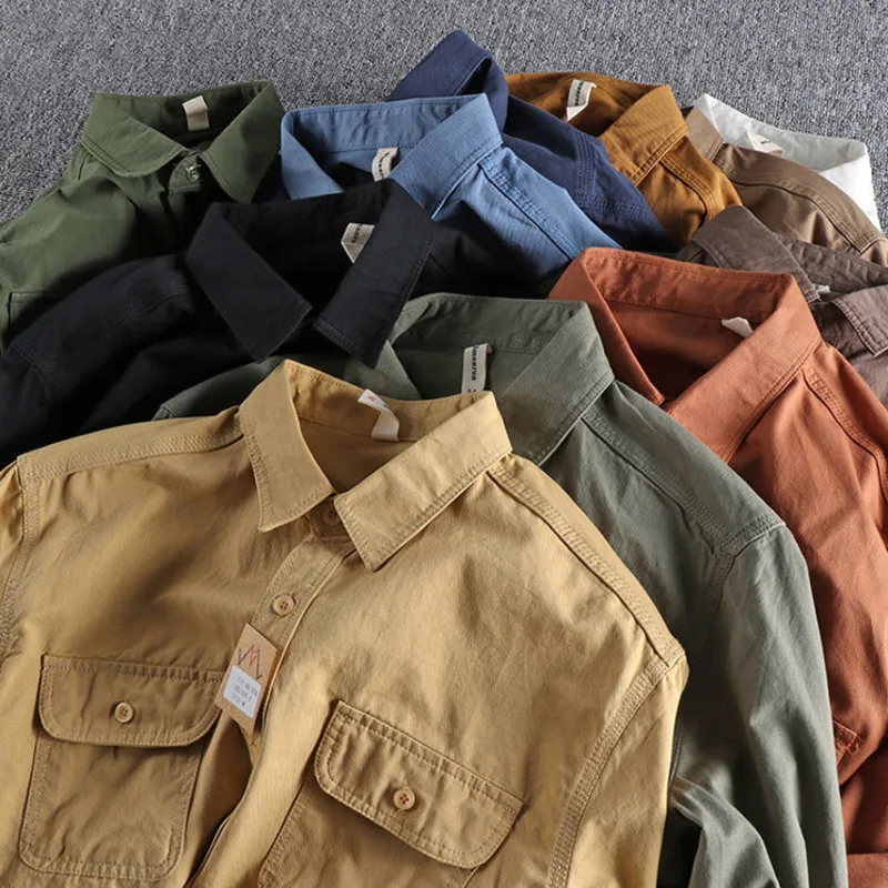 

Ameikeji British Style Men Long Sleeve Shirt Chest Pocket Spring Twill Cotton Versatile Solid Color Male Cargo Work Shirts Tops