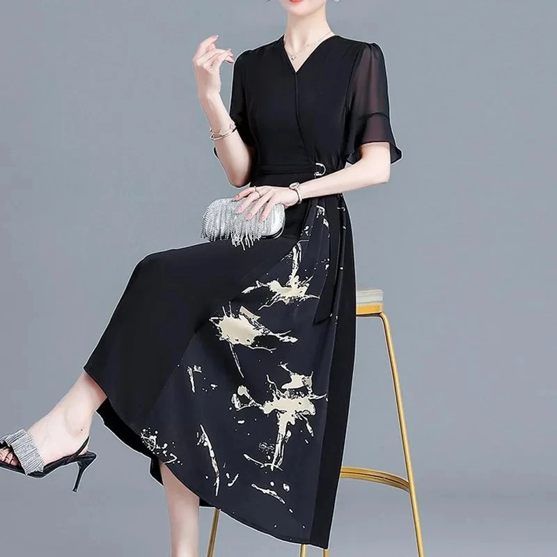 New Chinese Style Women Long Dress Fashion Short Sleeve V-Neck Elegant Dress 5XL Large Size Middle-aged Mother Black Vestidos