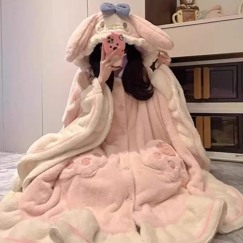 Anime My Melody 2 pezzi pigiama caldo peluche set Sanrio Kawaii inverno carino homewear per le donne camicia da notte in velluto corallo mantello ispessito