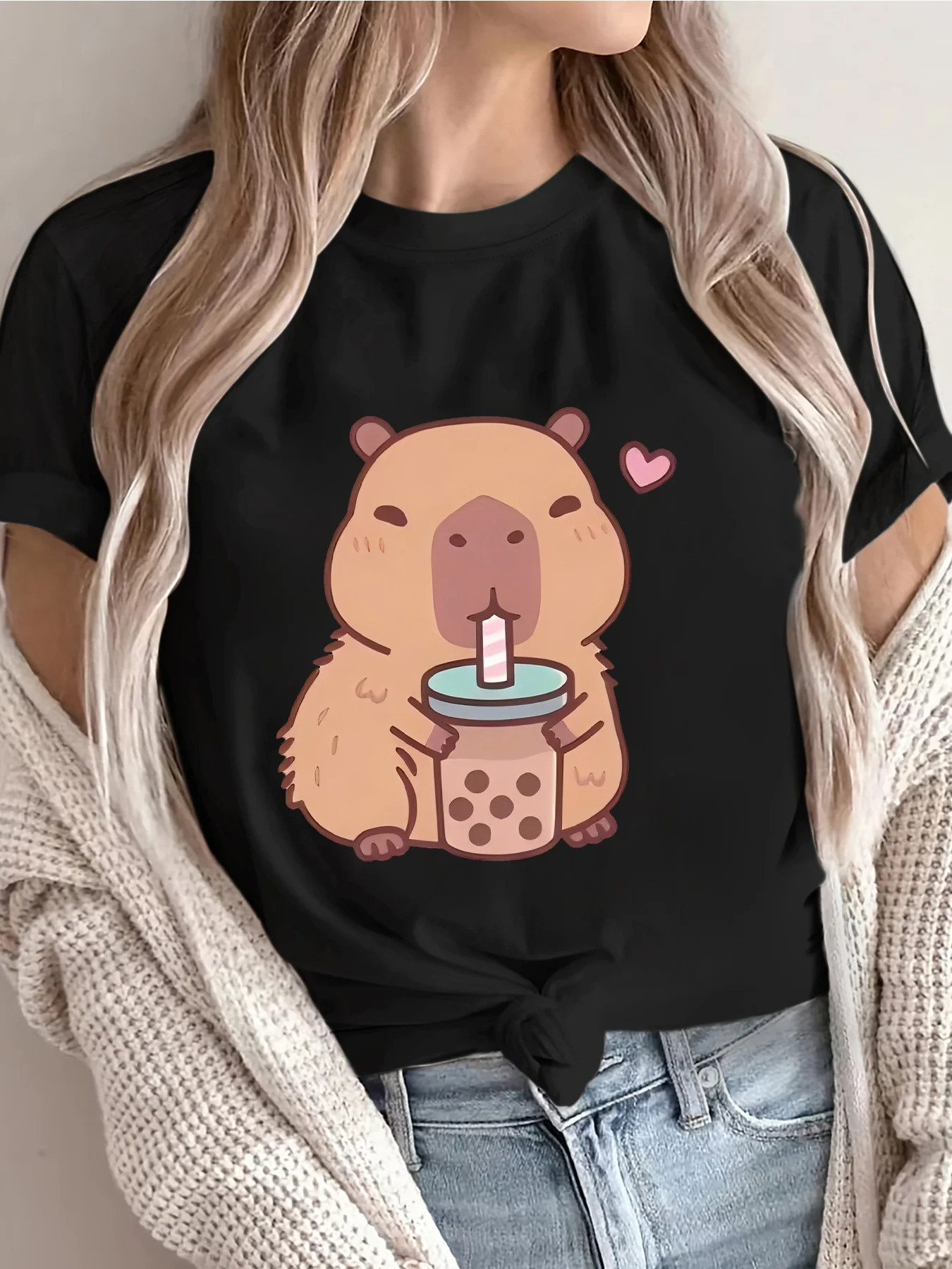 Summer Cute Cartoon Capybara Boba Print Women's Tees Shirt Tops Casual Fashion Short Sleeve Round Neck Cool Breathable Top