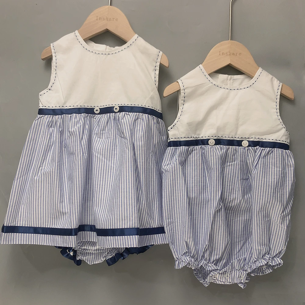 Children Boutique Clothing Summer Boys Girls Short Sleeves Blue Stripes Cotton Navy Set Spanish Clothes Eid Siblings Outfit