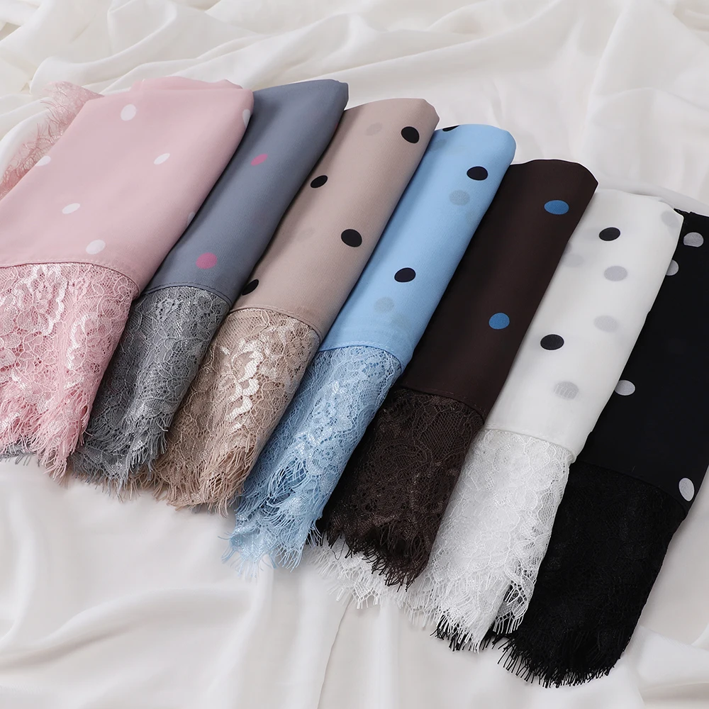 Eleganter Polka-Dot-Hijab, leichter Spitzen-Schal, Chiffon-Kopftuch, verziertes Kopftuch, klassischer Gebets-Hijab, langer Schal – Detail 9