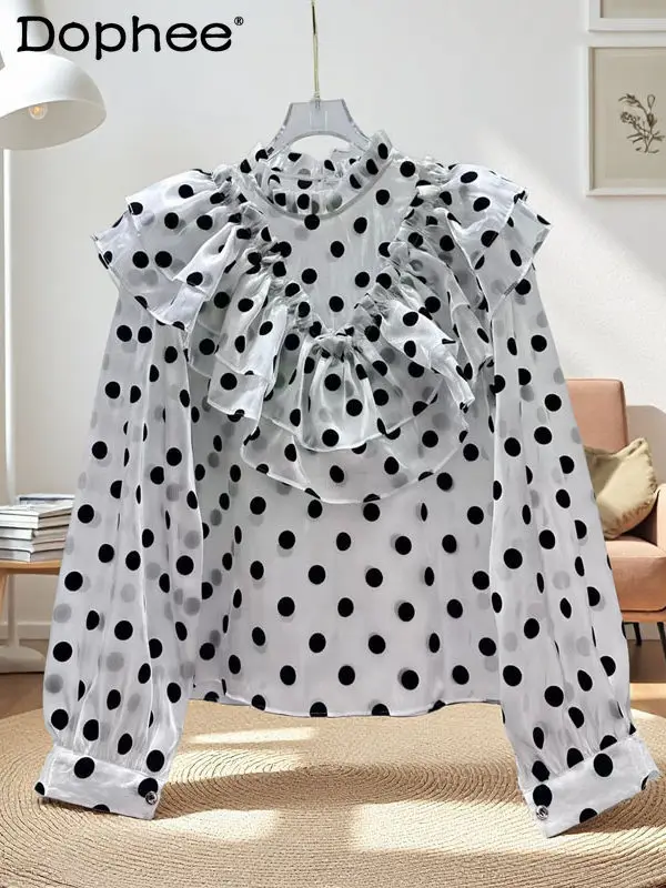 빈티지 러플 스탠드 칼라 폴카 도트 여성 셔츠 2026 새로운 봄 한국 스타일 우아한 루즈 슬리밍 긴팔 탑