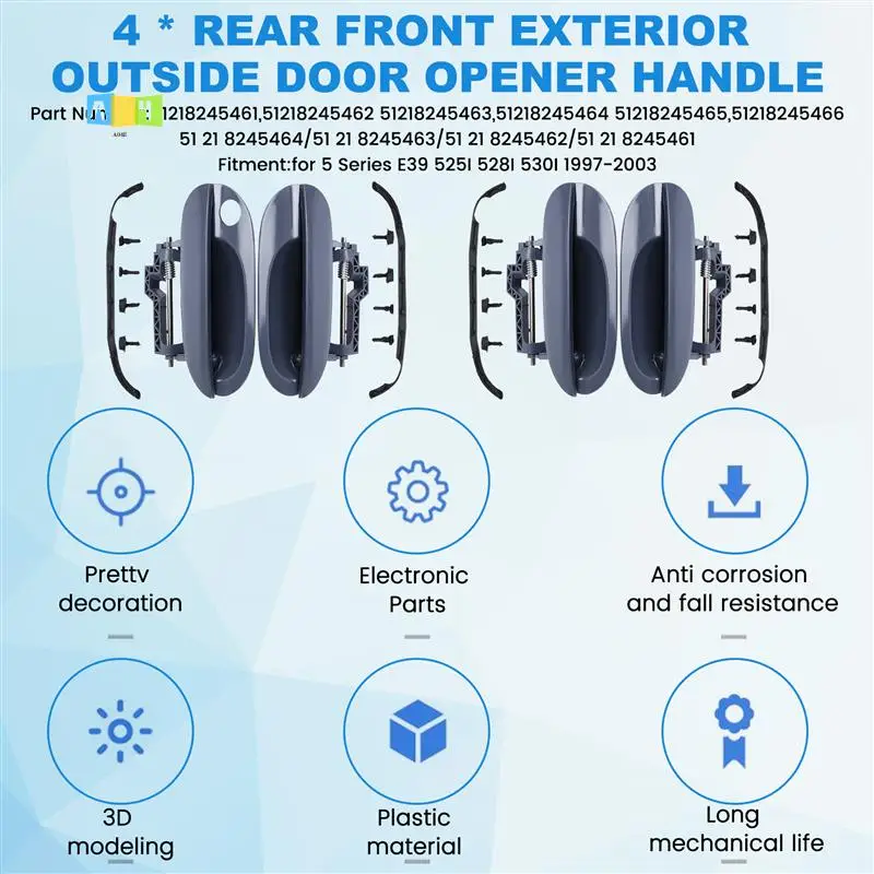

A04E-4Pcs Outside Door Opener Handle 51218245461 51218245462 For BMW 5 Series E39 1997-2003 51218245463 51218245464/55/56