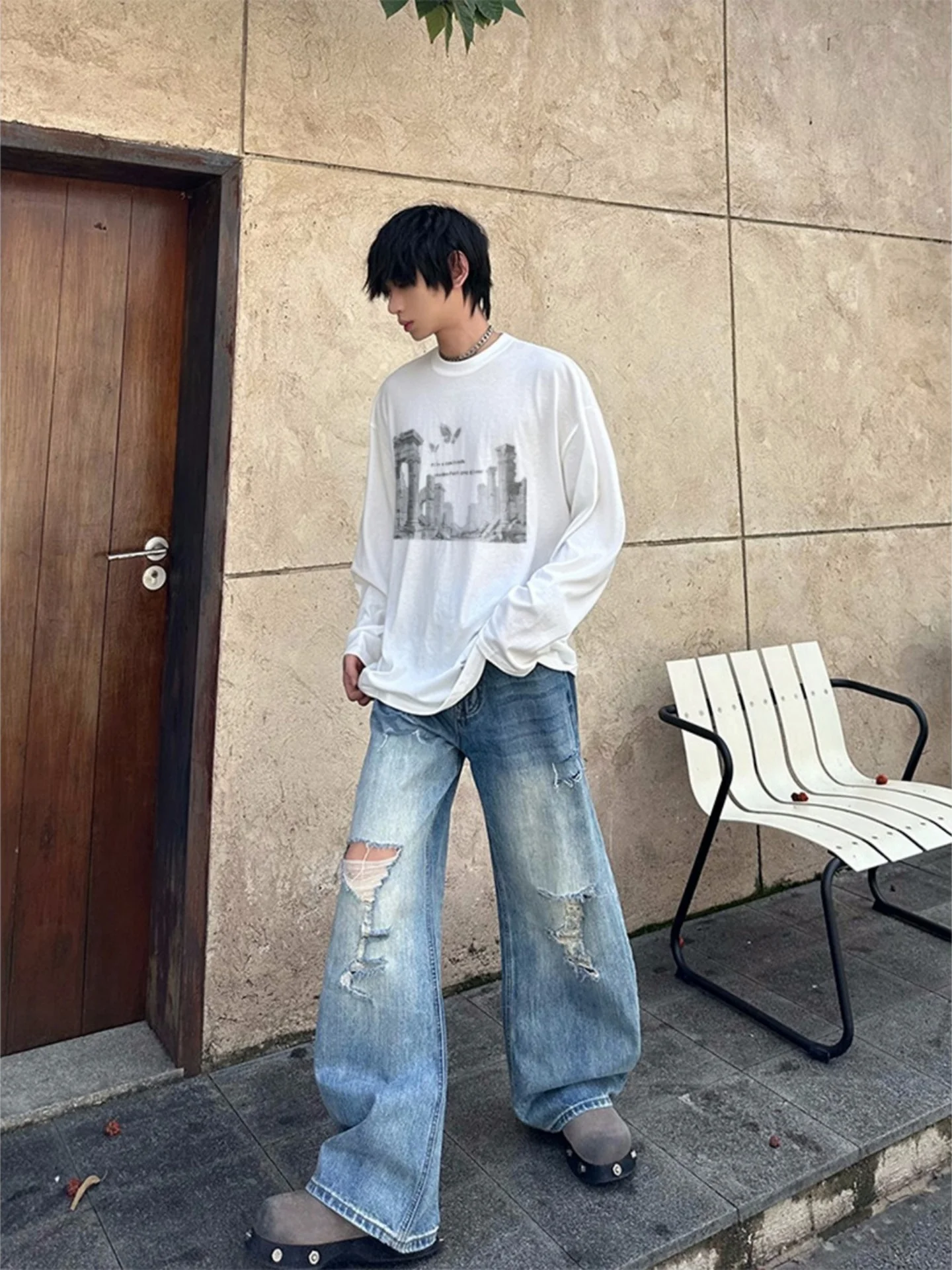 American Retro Long Sleeve T-Shirt Men's Loose Thin Sun Protection Cover up White Inner Shirt Base Layer Top Loose Fit Youth ...