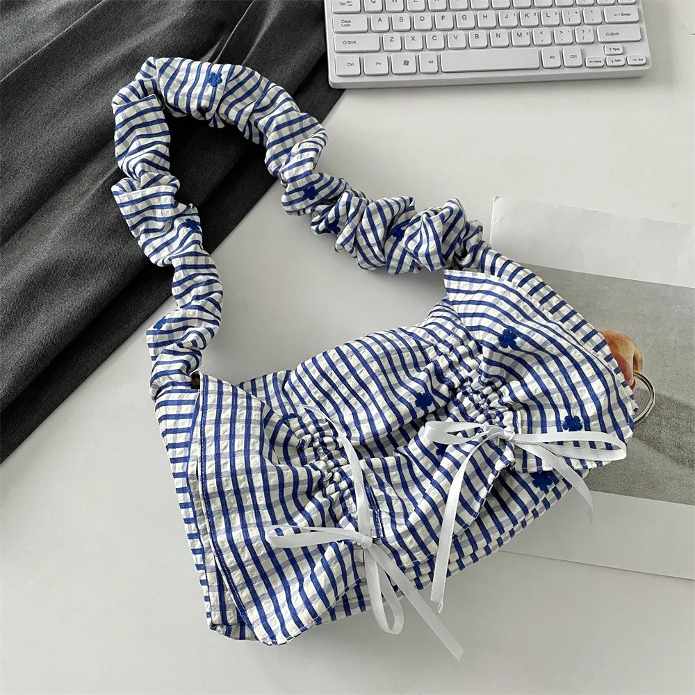 

Милая плиссированная сумка через плечо с вышивкой, нейлоновая сумка-тоут с бантом и бантом, пасторальный стиль, полосатая свежая кружевная сумка на каждый день