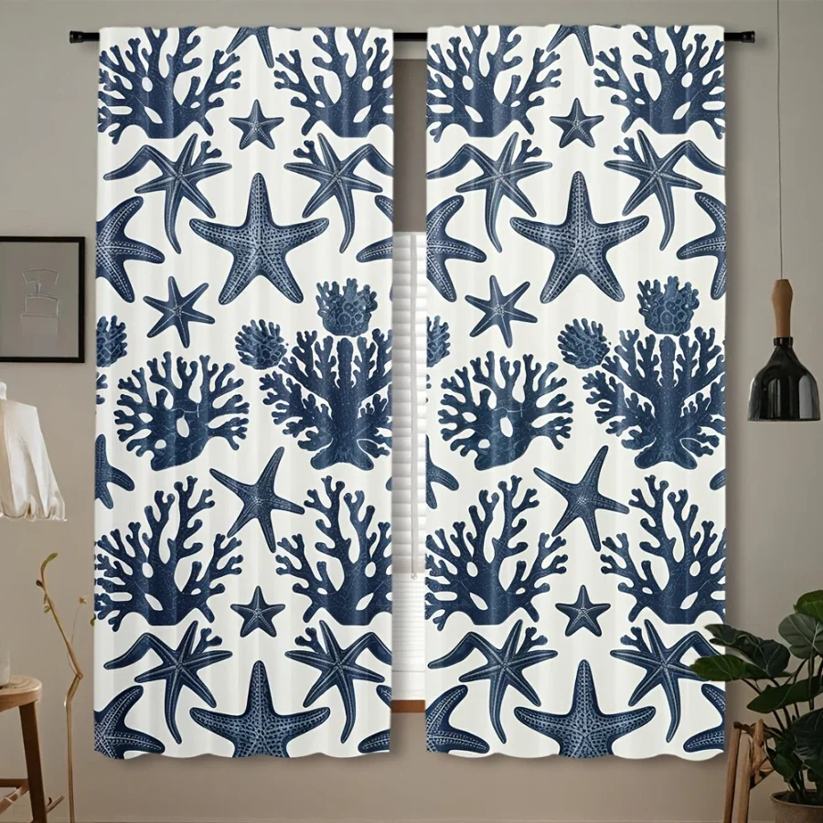 Blue Sea Life Tropical Coral Starfish Pattern Curtain for Bathroom Shower Room Window Decor