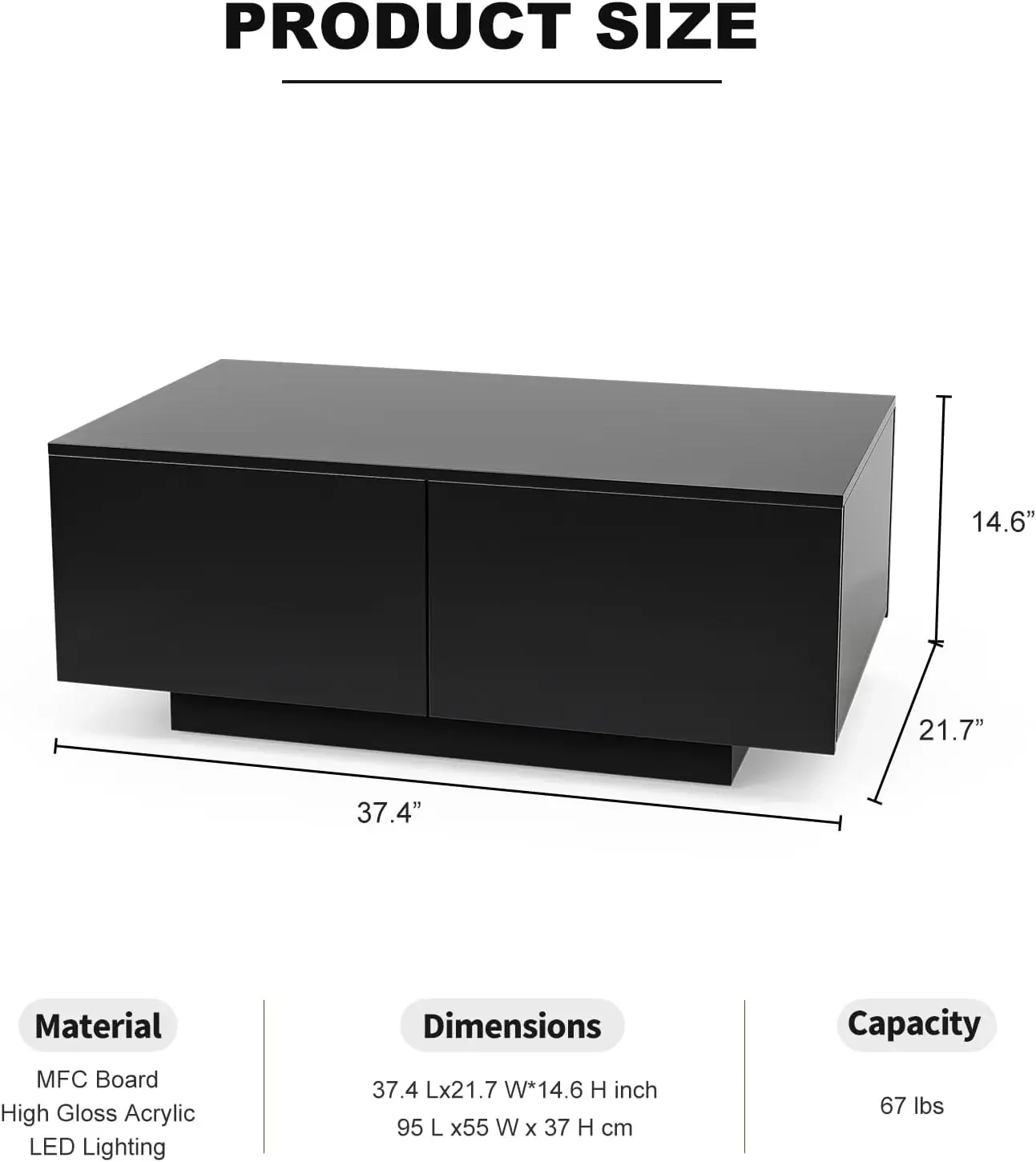 Modern LED Coffee Table w/4 Drawers, Black High Glossy Center Table with 16 Colors LED Lights for Home Living Room