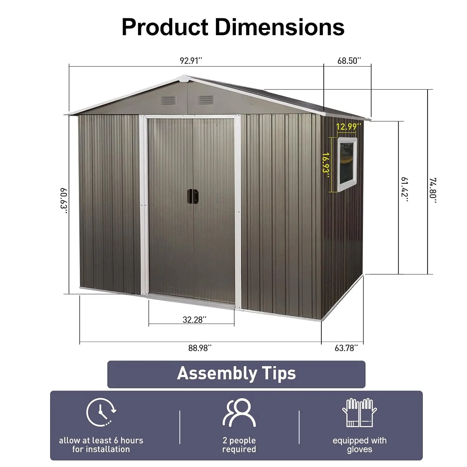 Metal Storage Shed with Sliding Door & Window,Ventilation,Galvanized Steel Base,UV-Resistant,Garden Tool House,8x6FT Grey,Custom