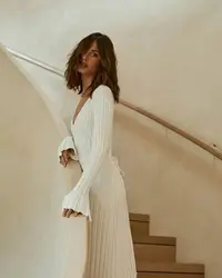 Rib-knit Side Split Maxi Dress Women Solid Color Round Neck Slim Fit Robes 2025 Autumn Chic Office Lady Commuter Long Dresses