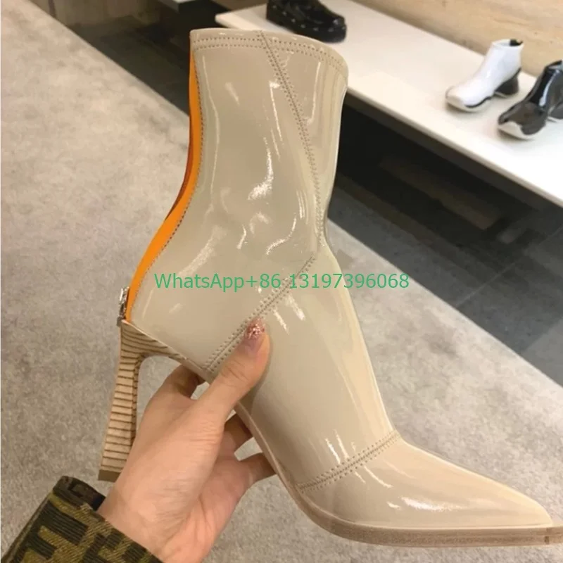 

Lady white PU mirror patent ankle boots sexy pointed toe design brown heel boots back zipp boots causal party dress punk boots