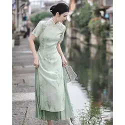 Retro Chinese Style Short Sleeve Qipao Two-piece Set Women New Chinese Style Green Improved Cheongsam Summer Long Dresses