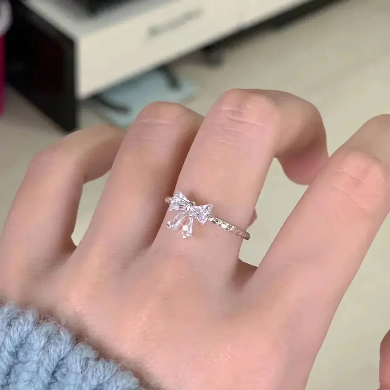 Shiny White Bowknot Rings Female Girls Korean Exquisite Jewelry Open Ring with Shiny Bow Tie Zircon for Party Lovers Gifts image 5