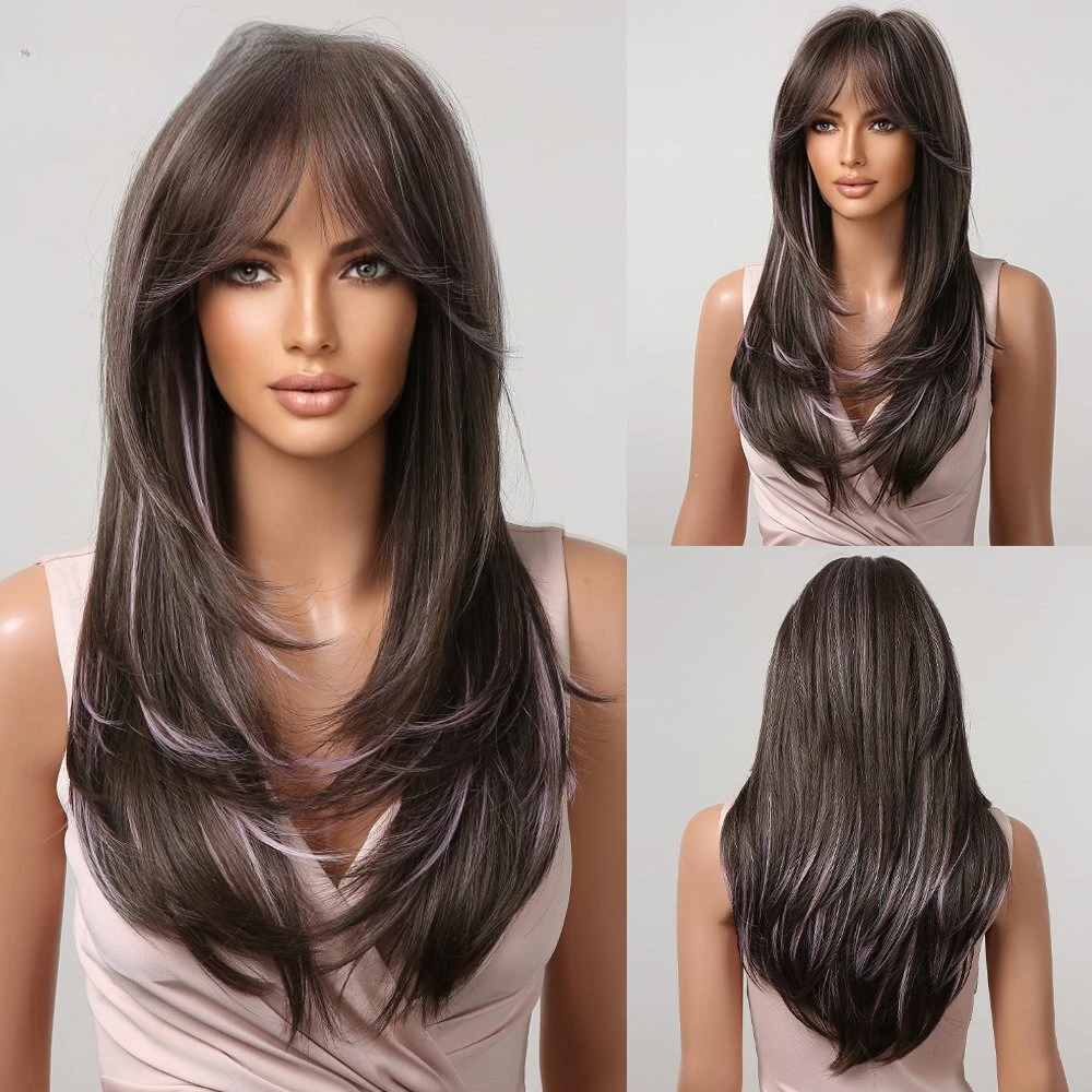 

Long Straight Dark Brown Mixed Purple Synthetic Wigs with Bangs 23 Inch Wigs US