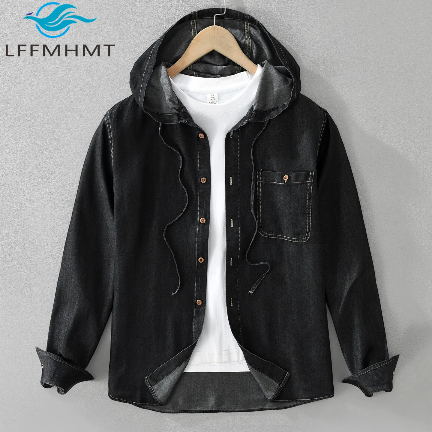 Men Hooded Denim Long Sleeve Shirt Loose Button Up Streetwear Workwear Layering Breathable Fashion Artistic Casual Tops
