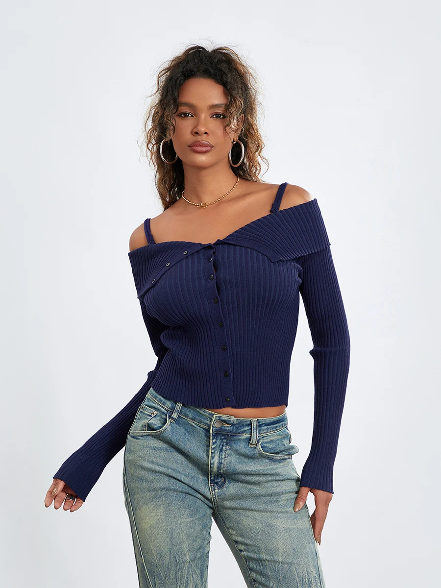 Women Autumn Knitted Top Casual Solid Color Long Sleeve Fold Collar Spaghetti Strap Tops Front Button Down Blouse