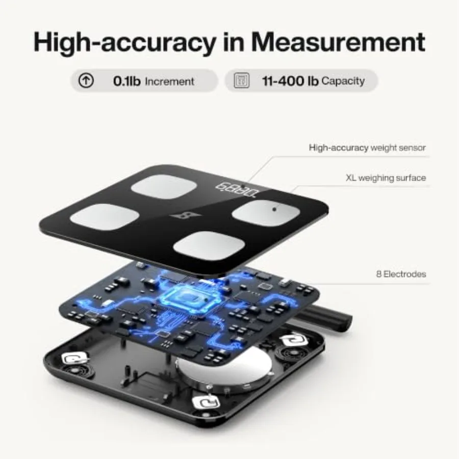 Bathroom smart scale for body weight and composition analysis, ABS plastic, black, 8-electrode precision with BMI, fat, muscle