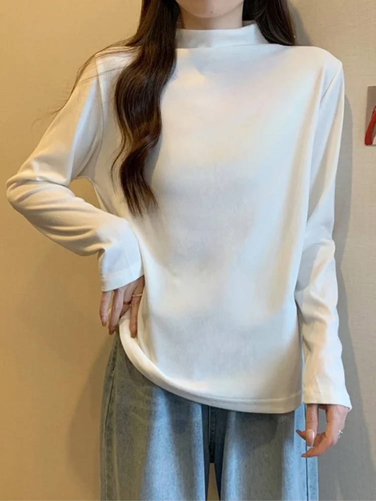 Warm Base Layer Tops Women's Velvet Knitted Turtleneck T-Shirt Autumn Winter Fashion Long Sleeve Solid Color Oversized Tees