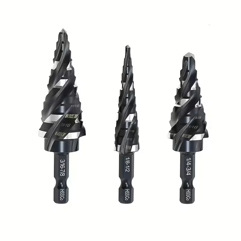 3Pcs HSS‑Co Step Drill Bit Set Spiral Flute 1/4