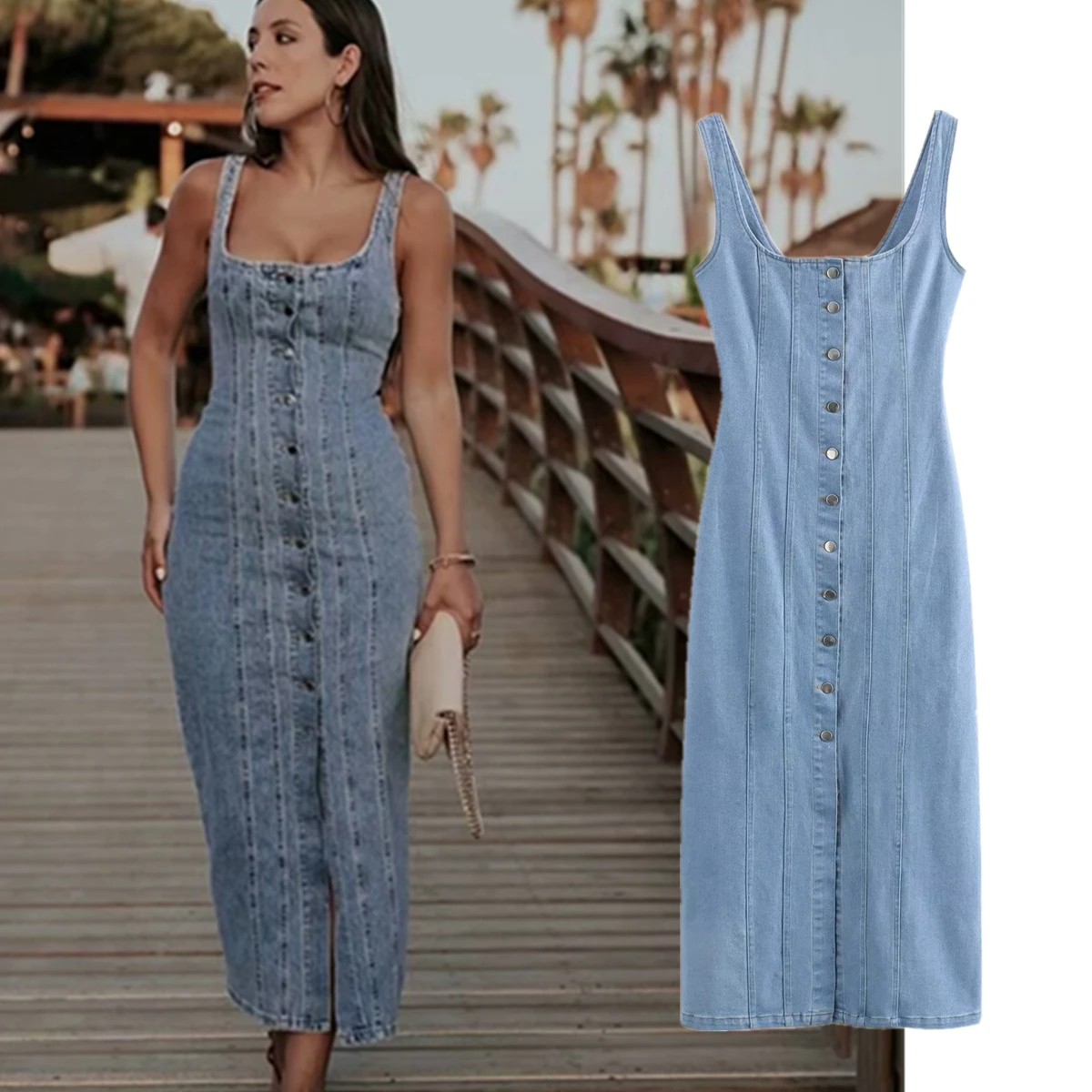 

Jenny&Dave Summer Strapless Denim Dress Women Washed Denim Blue Single Breasted Maxi Tank Fashion Ladies Dress Women